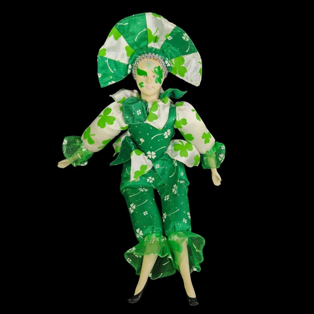 Shamrock Harlequin Pierrot Mardi Gras Clown Doll Jester Porcelain St Patrick 17"